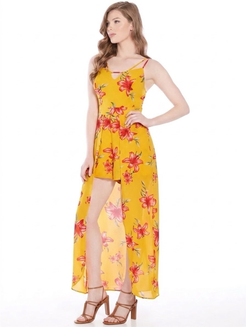 Guess Yellow Floral High-Low Romper Jumpsuit, Overlay Skirt Size Small